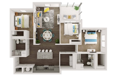 Floor plan for 3 beds, 2 baths, 1293 sqft